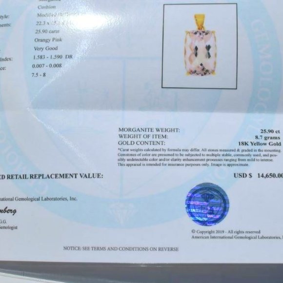 Certified Morganite 25.90ct Solid 18K Gold Pendant - Picture 4 of 9